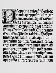 Faksimil av en sida med xylografi eller trägravyr om prepositionen, från en grammatikbok tryckt av Johann Fust och Johannes Gutenberg, Mainz, ca 1450